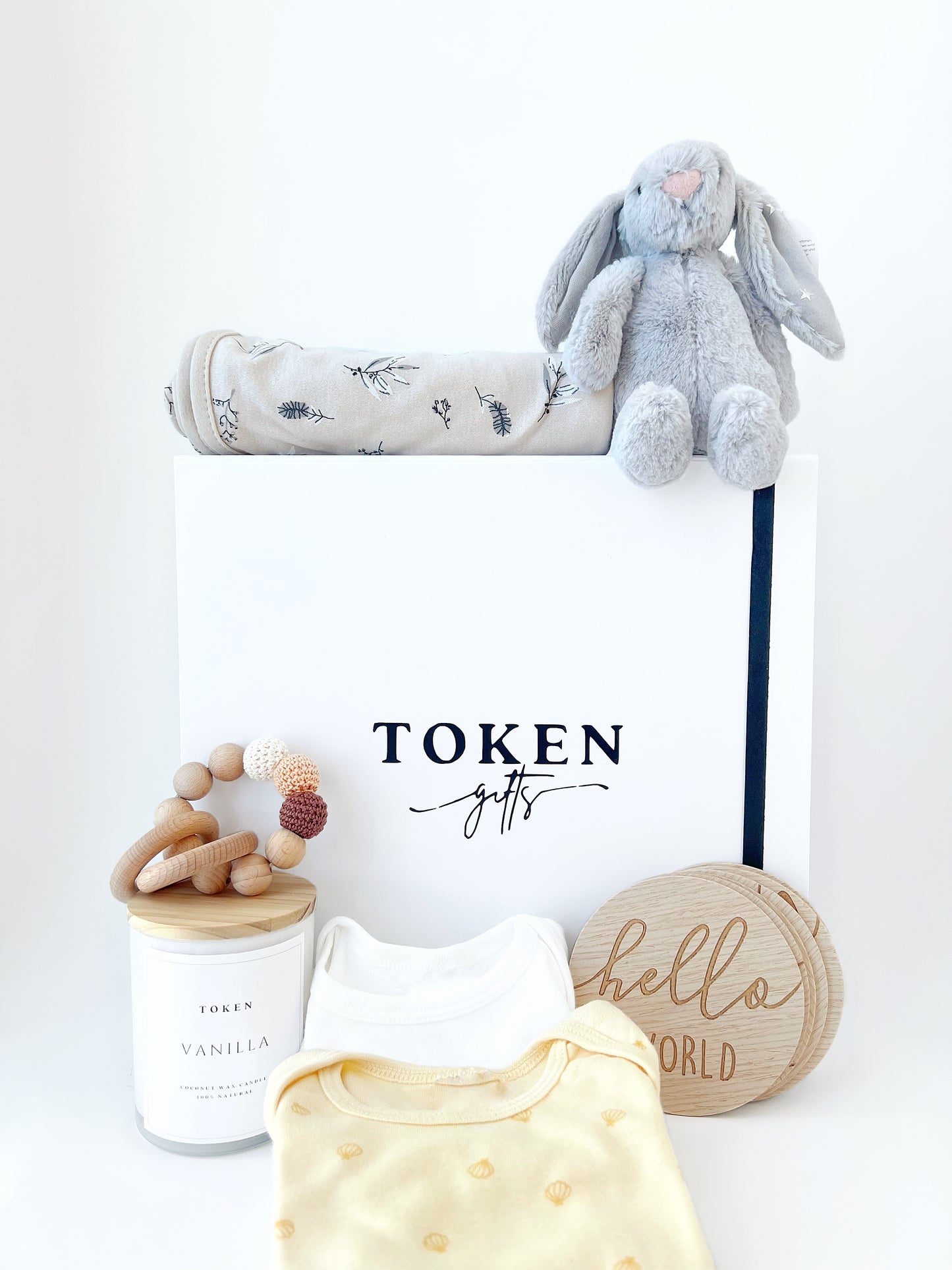 Baby Shower Gift. Neutral Colours. Includes Jellycat Bunny, Milestone Discs, Rattle, Candle, wrap and onsies.