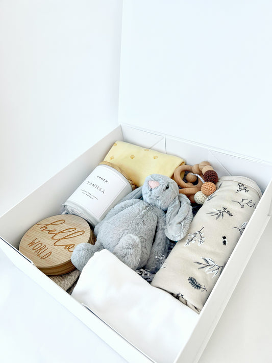 Baby Shower Gift. Neutral Colours. Includes Jellycat Bunny, Milestone Discs, Rattle, Candle, wrap and onsies.