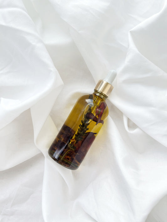 Nourishing Botanical Body Oil. Ingredients include: Sweet Almond Oil, Avocado Oil, Rose Petals, Lavender Buds, Calendula Petals