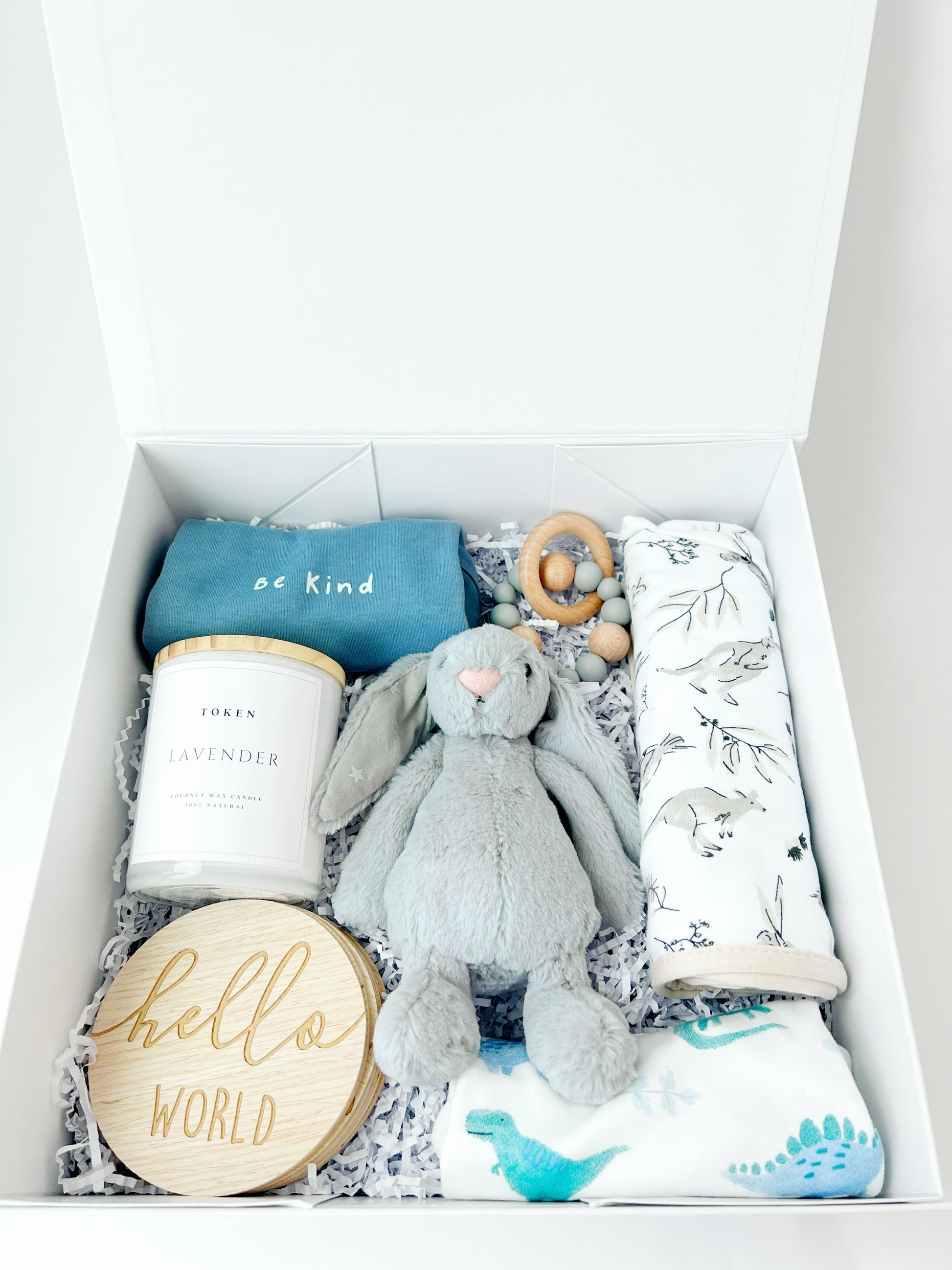 Baby Boy Shower Gift. Includes Jellycat Bunny, Milestone Discs, Rattle, Candle, wrap and onsies.