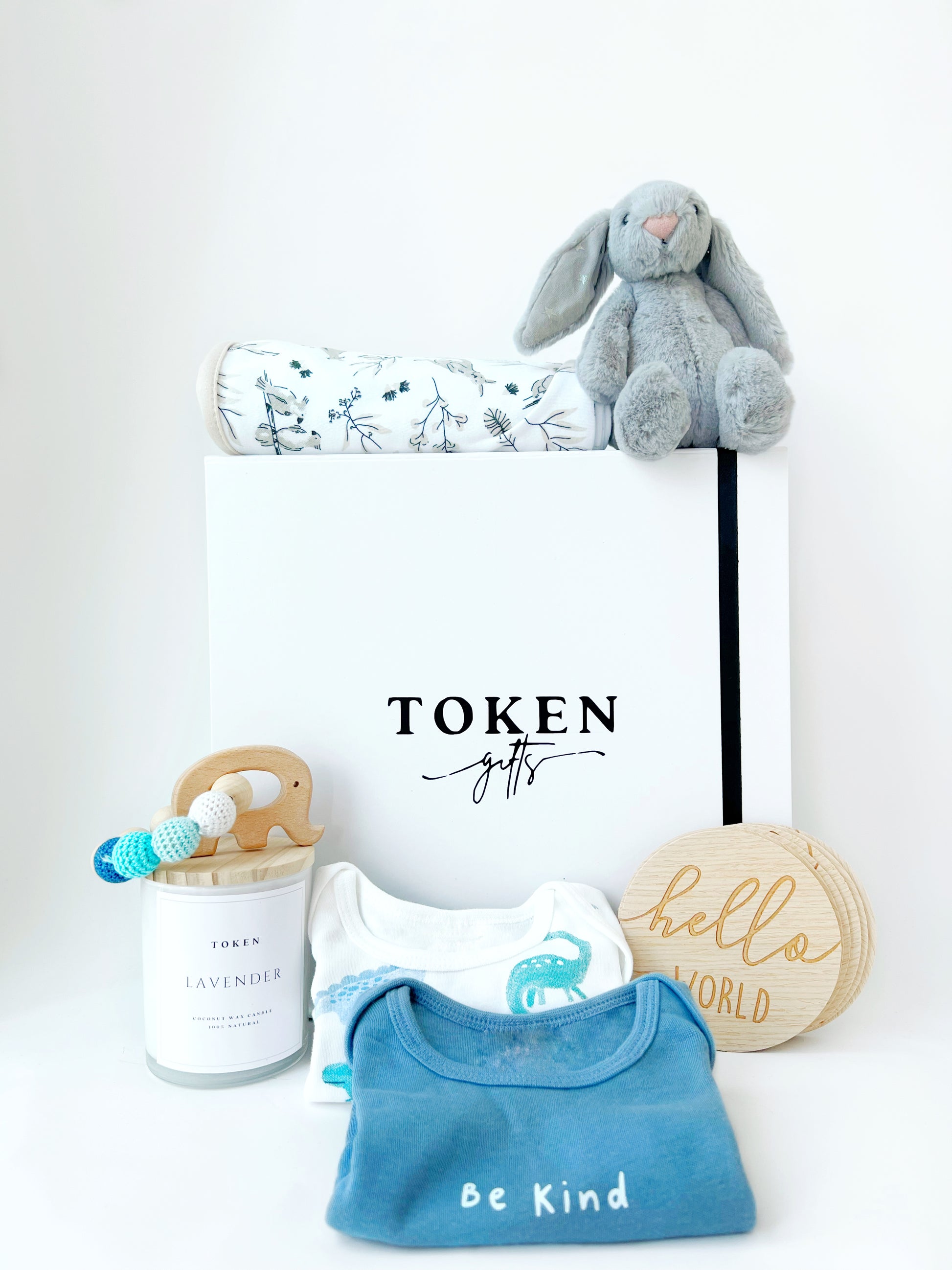 Baby Boy Shower Gift. Includes Jellycat Bunny, Milestone Discs, Rattle, Candle, wrap and onsies.