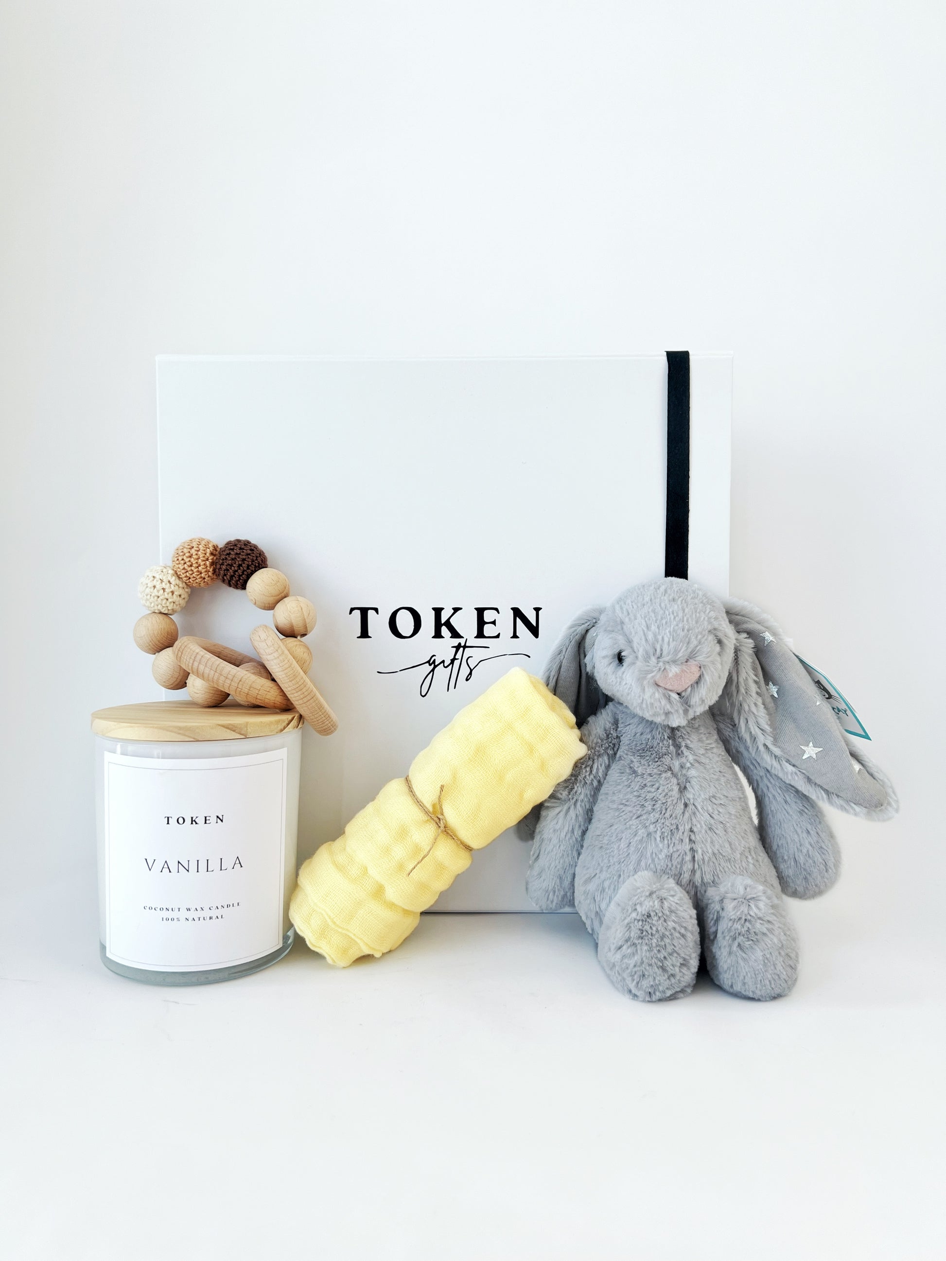 Small Baby Shower Keepsake Gift Box. Includes: Jellycat Bunny, Candle, Cotton Facecloth, Wooden Rattle. 