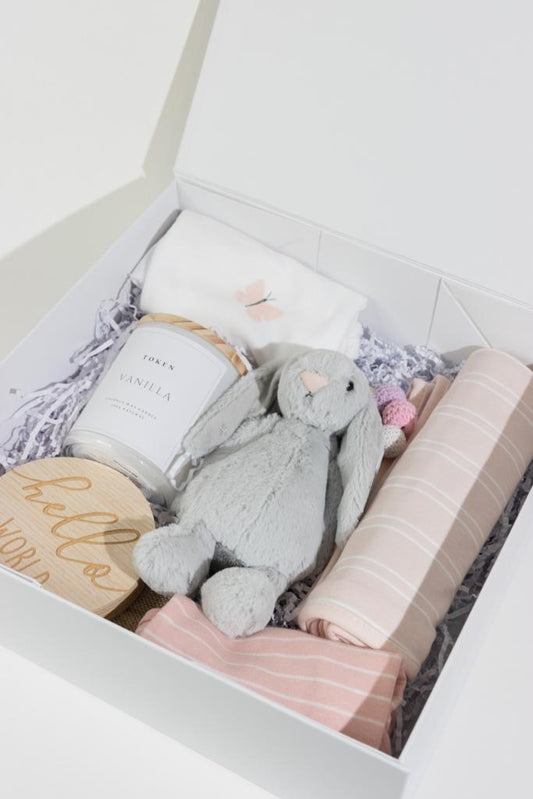 Baby Girl Shower Gift. Includes Jellycat Bunny, Milestone Discs, Rattle, Candle, wrap and onsies.