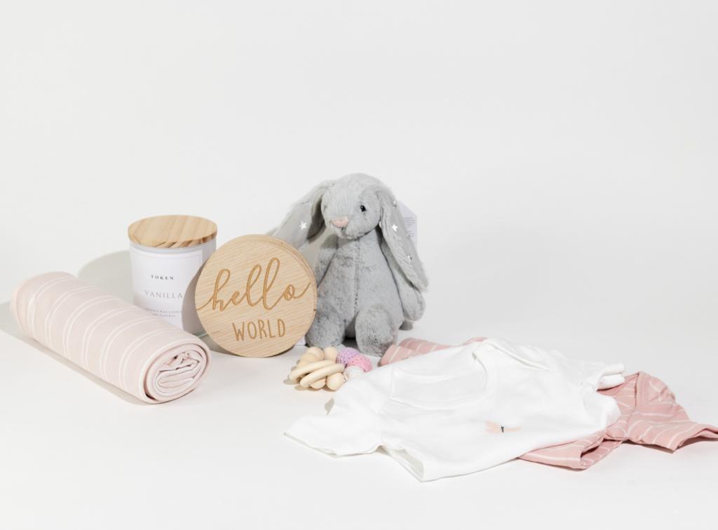 Baby Girl Shower Gift. Includes Jellycat Bunny, Milestone Discs, Rattle, Candle, wrap and onsies.
